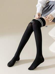 1 Pair Women's Knee-High Socks, Minimalist Striped Design, Casual For Daily Wear, Y2k