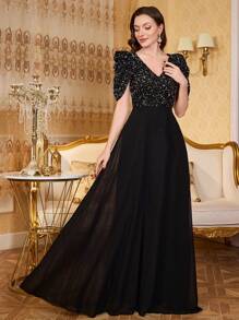 UNITHORSE V-Neck Princess Sleeve Sequin Patchwork Chiffon Elegant A-Line Party Dress, Wedding Guest Dress, Formal Dress, Evening Dress,Gown - 黑色 - 查看 5