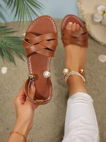 Women's Striped Flat Sandals With Pearl Ankle Strap Open Toe Brown Hollow Out Beach Shoes, Elegant Vacation Style Summer Flat Sandals For Women