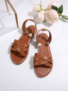 Women's Striped Flat Sandals With Pearl Ankle Strap Open Toe Brown Hollow Out Beach Shoes, Elegant Vacation Style Summer Flat Sandals For Women