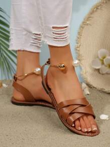 Women's Striped Flat Sandals With Pearl Ankle Strap Open Toe Brown Hollow Out Beach Shoes, Elegant Vacation Style Summer Flat Sandals For Women