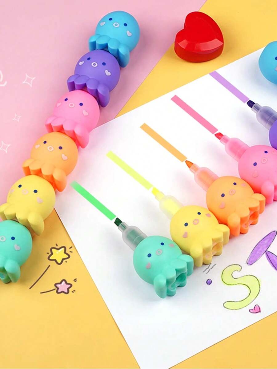 A Set Of 5 Pcs Fluorescent Marker Pens, Cute Octopus Shape Highlighter Pen For Painting And Marking - Multicolor - View 1