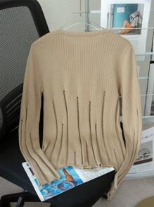 Women's Openwork Distressed Lace-Up Knitted Cover Up, Lightweight Spring/Summer Outerwear - Khaki - View 3