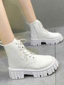 Botas Casual Mujer, Botas Impermeables Mujer Invierno Calor Exterior Botas, Botas de cordones para mujer,botas cortas de estilo británico para mujer,botas cortas de estilo británico para mujer,botas moteras para mujer,cómodas de llevar para actividades al aire libre,Quedan grandes, toma una talla menos - Blanco - Ver 3