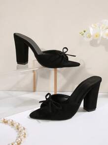 新款时尚尖头蝴蝶结设计女式高跟凉鞋，粗跟，舒适柔软绒面休闲正装鞋，适合派对、购物、度假、日常装扮，黑色 - 黑色 - 查看 6