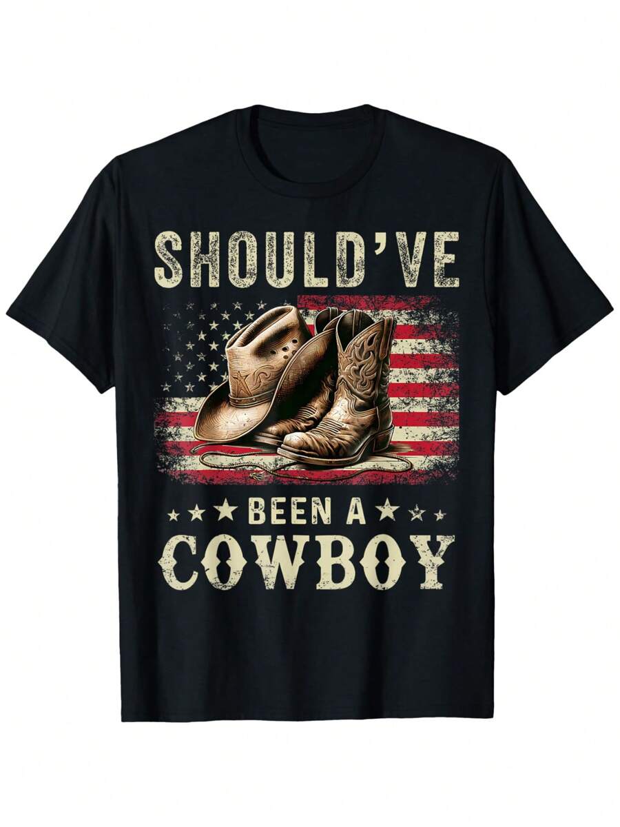 Western Cowboy USA Flag I Should Have Been A Cowboy Boots Graphic Tees Summer Tshirt Short Sleeve Casual Black T Shirts 100% Cotton 220g For Men Womens Shirts Men's Short-Sleeved Soft Outdoor Print Tee Shirt Funny Printed Mens Cotton T-Shirt - màu đen - Xem 1