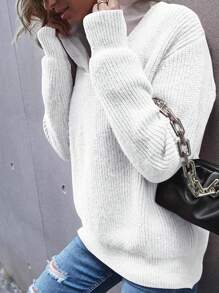 Women Casual  V Neck Rib-Knit Pullover Sweater With Long Drop Shoulder Sleeves And Slight Stretch Polyester Fabric - White - View 2