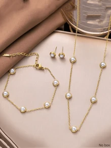 1 set Elegante collar de acero inoxidable con decoración de cuentas de plástico blanco y pendientes a juego de acero inoxidable, adecuado para uso diario o fiestas de mujeres, puede ser un regalo en días festivos