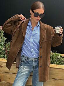 Beautiful Nomad Women's Suede Button Long Sleeve Blazer - Coffee Brown - View 5