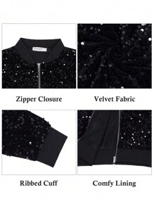 Women's Sparkly Sequin Jacket Glitter Long Sleeves Front Zip Up Bomber Jacket With Ribbed Cuffs - 黑色 - 查看 6