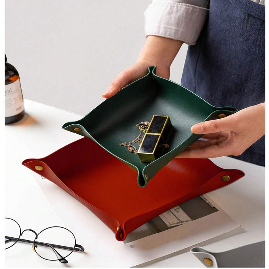 PU Leather Storage Box, Cosmetics Lipstick Storage Tray, Multifunctional Desktop Storage Basket, Miscellaneous Items, Key Storage Tray,For Holiday Beach, Bathroom Collection, Bedroom Collection, Large Capacity - Multicolor - View 1