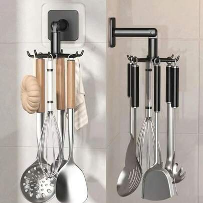 1 móc treo xoay đa năng 6 chấu dùng trong phòng tắm, không cần khoan lỗ trên tủ nhựa, giá đựng dụng cụ nhà bếp có thể kéo dài.