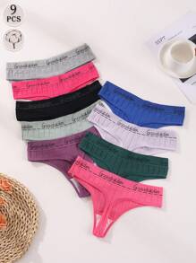 9条/包 女士低腰无痕丁字裤，棉质罗纹性感字母腰带三角裤，舒适内裤 - 彩色 - 查看 2
