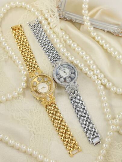 1 pieza Reloj de cuarzo redondo impermeable de moda para mujer con esfera con incrustaciones de diamantes de imitación y correa metálica