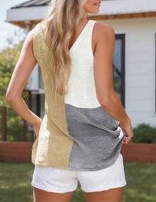 hoteel Women's V Neck Knit Tank Tops Casual Color Block Striped Sleeveless Shirts