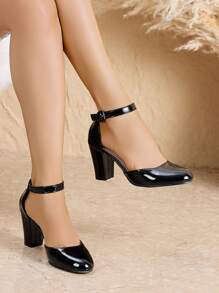 Women's Thick Heel Pointed Toe High Heels Business Casual Silver Pumps,Elegant - Graphite Black - View 3
