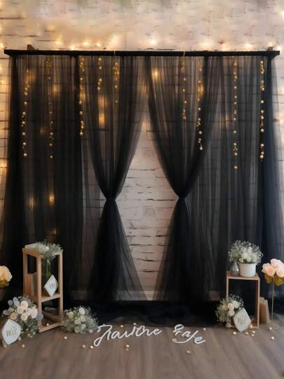 4pcs Black Mesh Arch Curtain Fabric, Party Background Sheer Curtain, Wedding Arch Curtain, Wedding Party Decor, Background Cloth, Bridal Shower Decor Birthday Party Backdrop Decor Supplies, Wedding Arch Fabric, Photo Booth Backdrop Sheer, Valentine's Day Decor, Stage Decor, Black Mesh, Wedding Favors (With Clips)