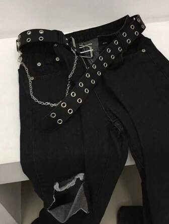 1条朋克风腰带，时尚链条装饰S形腰带，带孔眼，适合日常休闲、夏季、校园休闲、商务场合，可作为送给男友、丈夫、父亲、男士的礼物，日常穿着，时尚百搭，适合青少年、户外、度假、运动、旅行、街头、波西米亚风、复古秋季、万圣节等秋冬季配饰，适合青少年、青年、男士，休闲、户外、运动、度假、毕业礼物、生日礼物、日常穿着