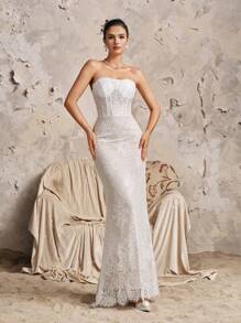 春季新款浪漫复古蕾丝贴花束腰情人节礼服露肩优雅鱼尾婚纱，新娘 - 白色 - 查看 8