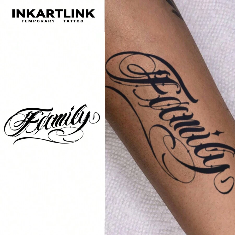 INKARTLINK Công nghệ mang tính cách mạng Hình xăm bán vĩnh viễn, 'Gia đình' bằng chữ thảo tiếng Anh, Hình xăm tạm thời, Lâu dài, Hình xăm giả, Không thấm nước, Hình xăm thật, Dựa trên thực vật, Hình xăm mực ma thuật