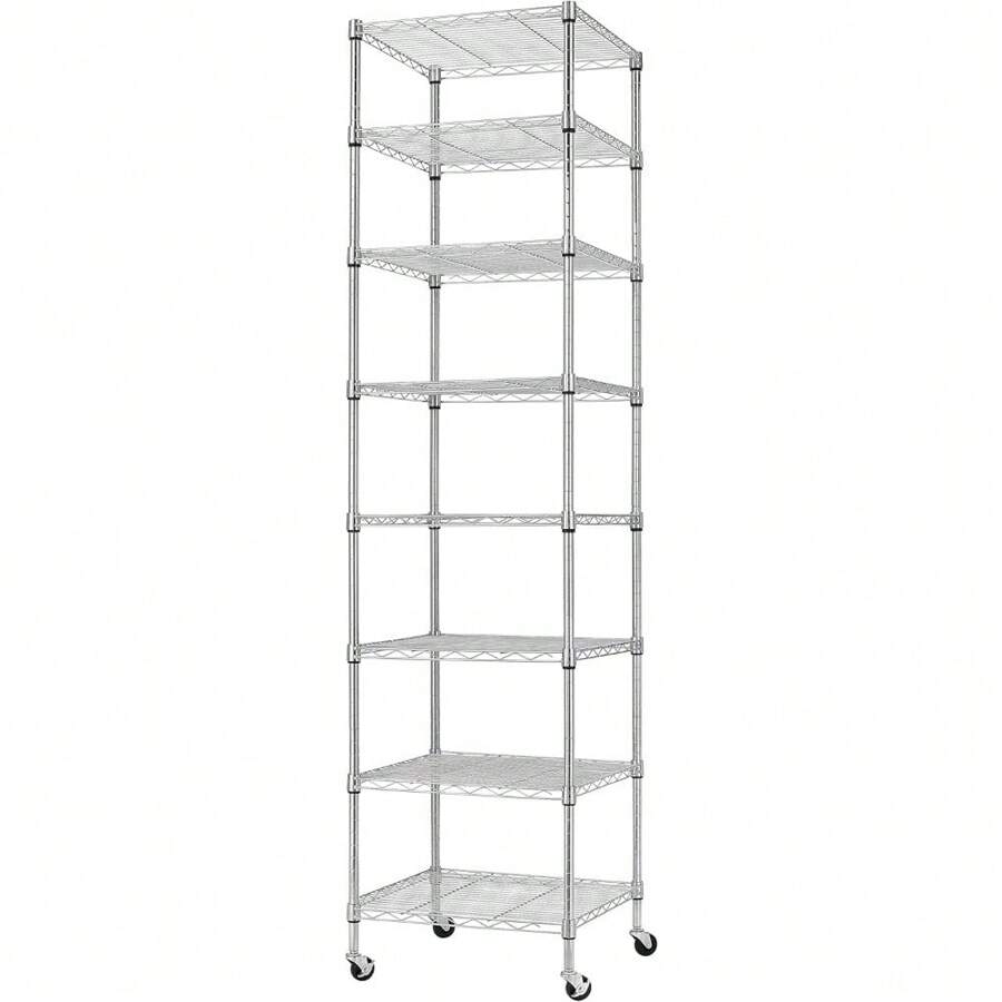 Estantería de alambre de 8 niveles con ruedas de 18x18x72.8 pulgadas, 8 estantes, estantería de almacenamiento de tubo de acero reforzado, estantes de despensa para almacenamiento, unidad de estantería ajustable, certificación NSF, cromada - Cromo - Ver 1