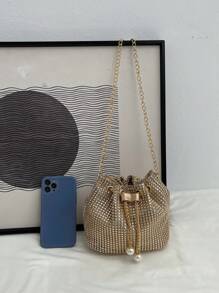 1 pieza Elegante bolso de noche con cristales de cristal dorado y cadena de metal, bolso de cubo de cordón ligero adecuado para fiestas, eventos diarios, discotecas, compras, almacenamiento de cosméticos, accesorio de moda, bolso con cristales glamuroso
