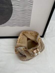 1 pieza Elegante bolso de noche con cristales de cristal dorado y cadena de metal, bolso de cubo de cordón ligero adecuado para fiestas, eventos diarios, discotecas, compras, almacenamiento de cosméticos, accesorio de moda, bolso con cristales glamuroso