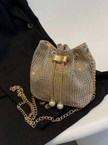 1 pieza Elegante bolso de noche con cristales de cristal dorado y cadena de metal, bolso de cubo de cordón ligero adecuado para fiestas, eventos diarios, discotecas, compras, almacenamiento de cosméticos, accesorio de moda, bolso con cristales glamuroso
