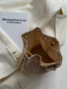 1 pieza Elegante bolso de noche con cristales de cristal dorado y cadena de metal, bolso de cubo de cordón ligero adecuado para fiestas, eventos diarios, discotecas, compras, almacenamiento de cosméticos, accesorio de moda, bolso con cristales glamuroso