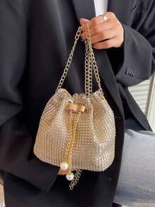 1 pieza Elegante bolso de noche con cristales de cristal dorado y cadena de metal, bolso de cubo de cordón ligero adecuado para fiestas, eventos diarios, discotecas, compras, almacenamiento de cosméticos, accesorio de moda, bolso con cristales glamuroso