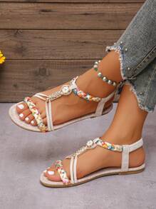 Summer Plus Size Women Flat Sandals, Floral Fabric Woven Open Toe Hollow Casual Ladies Sandals