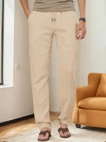 SANOPY Men's Solid Color Cotton And Linen Waist Drawstring Casual Pants, Loose Straight Pants - Beige - View 4