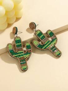 1 par de aretes colgantes hechos a mano con cuentas de vidrio tejidas con diseño de cactus, aretes coloridos adecuados para uso diario, verano