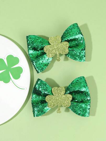 2pcs St. Patrick's Day Hair Accessories, Clover Hair Accessories, Green Glitter Bow, Clover Hair Clips, Clover Bows, St. Patrick's Day Girl Hair Accessories