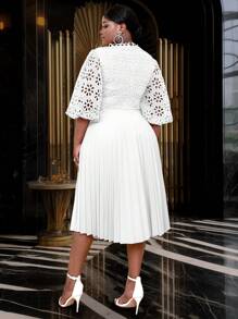 Lace Pleated Dresses Half Lantern Sleeves Hollow Out Elegant Midi Wedding Guest,Graduation Outfit - White - View 3