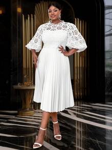 Lace Pleated Dresses Half Lantern Sleeves Hollow Out Elegant Midi Wedding Guest,Graduation Outfit - White - View 4