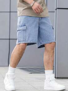 青少年男孩休闲工装口袋牛仔短裤，时尚简约设计