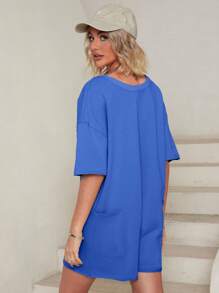 Women's Summer Oversized Tee Romper Casual Workout Athletic Romper Backless Loose Shorts Jumpsuit Overalls - 寶藍色 - 查看 3