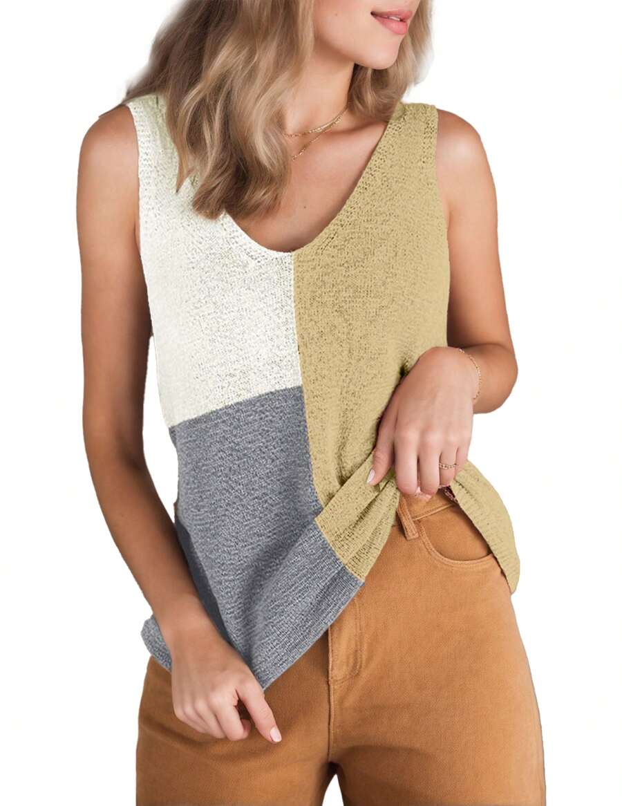 hoteel Women's V Neck Knit Tank Tops Casual Color Block Striped Sleeveless Shirts