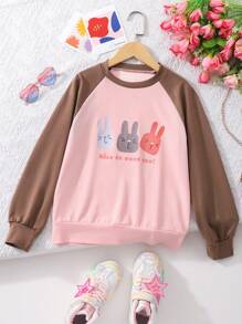 Moletom casual feminino de manga comprida com estampa de letras de desenho animado, gola redonda e modelagem que lembra um desenho animado. - Rosa - Ver 1