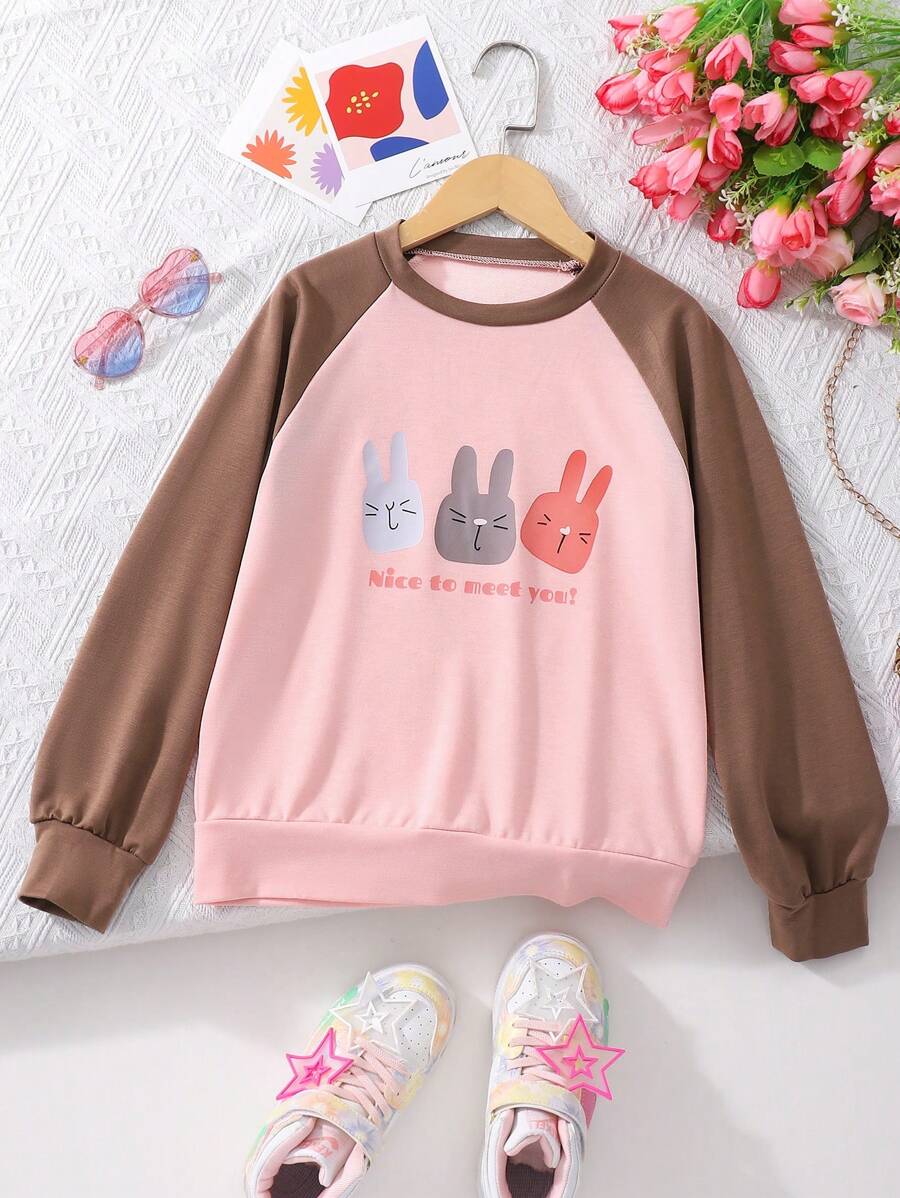 Moletom casual feminino de manga comprida com estampa de letras de desenho animado, gola redonda e modelagem que lembra um desenho animado. - Rosa - Ver 1