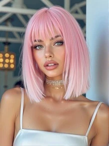14 Inch Pink Ombre White Bob Wig With Bangs Synthetic Heat Resistant Wigs Natural Looking For Women Daily Party And Cosplay Use