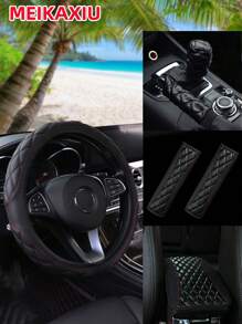 MEIKAXIU 6pcs Embroidered Nappa Leather Car Steering Wheel Cover Set, Fits 14.5-15 Inch Wheel, Include Handbrake, Gear Shift, Armrest, Shoulder Pad Covers, Universal For All Seasons - one-size - View 3