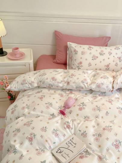 4pcs Ditsy Floral Bedding Set, Pink & Yellow Vintage Flowers Pattern Duvet Cover Set (1 Duvet Cover + 1 Flat Sheet + 2 Pillowcases, Without Filler)