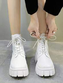 Botas cortas de estilo británico para mujer,Botas Unisex Con Cordones Y Cremallera Frontal.Botas De Combate Con Punta Redonda Y Tacón Medio.  Botas Delanteras Con Cordones Y Cremallera Lateral Negras Para Mujer,Botas De Moda Negras Punk.Botas De Combate Delanteras Con Cordones Y Cremallera Lateral Para Mujer, - Blanco - Ver 3