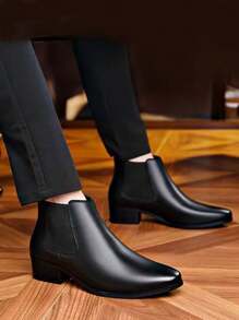 Men's Pointed Toe High Top Leather Ankle Boots, British Style Korean Fashion Versatile Boots - Black - View 6