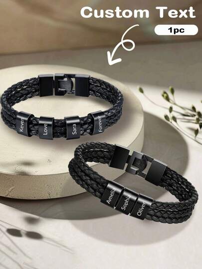 1pc Personalized Engraved Name Bracelet, Custom Leather Bracelet, Personalized Bracelets, Ideal Gift For Women Wife Mom, Custom Name Engraved Braided Leather Bracelets Christmas Birthday Gifts For Grandma Girlfriend, School Supplies, Back To School, For Office, For University, For Colleague, For Dorm Rooms, For Teacher, For Boys And Girls, For Teenagers, Middle School Students, College Students, University Students, Freshman, Sophomore, Underclassmen, Customized Fashion Engraved Bracelets, Look Glamour,Jewelry & Watches,Season Picks, Utilitarian Chic,Enchanted Romance Gown