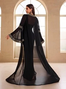 YISIKADO 2 件套女士晚会礼服，阿拉伯风格内裙和外披肩，配金色腰带和喇叭袖，婚礼宾客礼服，礼服，长袍 - 黑色 - 查看 3