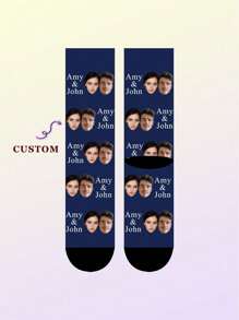 1 Pair Of Customized Women's Socks, Can Print Any Face, Text, Personalized Photos Of Handsome And Beautiful Men Socks, Interesting Customized Pictures Of Couples Tall Socks, Suitable For Valentine's Day, Birthday Gifts And Other Occasions, Funny, Crazy, Animation