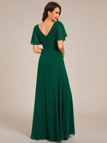 EVERPRETTY Elegant V-Neck Pleated Applique Ruffle Sleeve Bridesmaid Dress - Dark Green - View 2